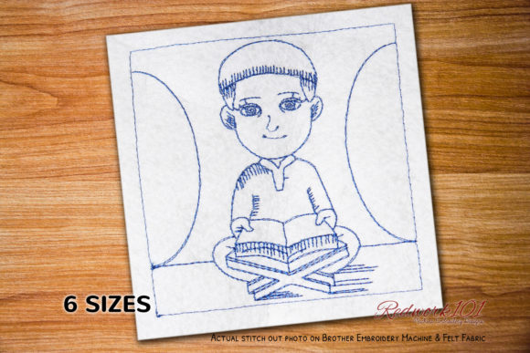 Muslim Boy Reading Quran Redwork Design Review